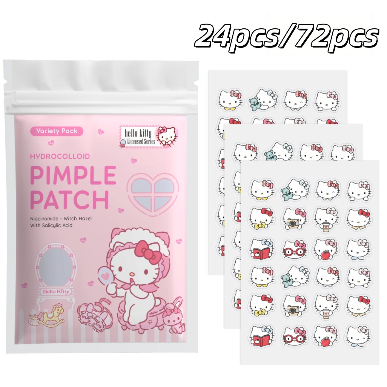 Hydrocolloid Pimple Patch - 24/72개입 헬로키티 하이드로콜로이드 여드름 패치, 귀여운